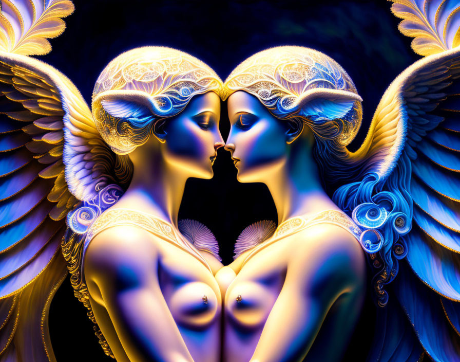 Symmetrical figures with angelic wings in intimate moment