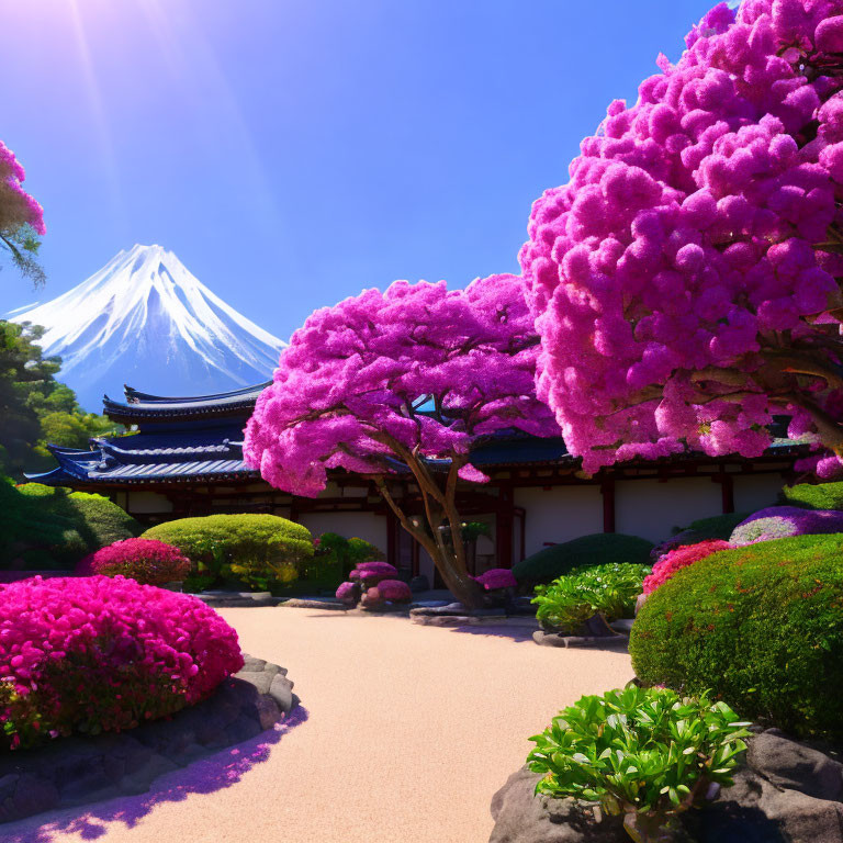 Pink cherry blossoms, Japanese pagoda, Mount Fuji in scenic landscape.