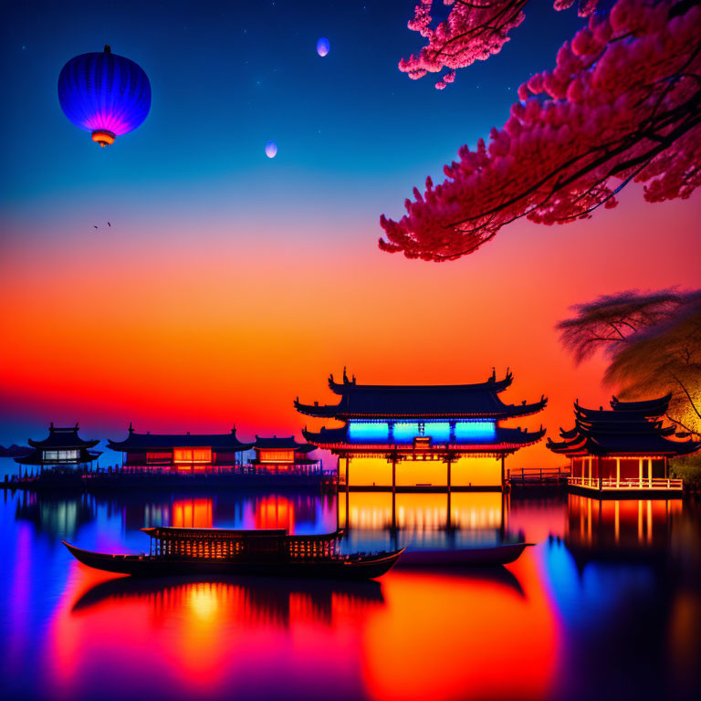 Traditional Asian architecture by a calm lake at sunset with a hot air balloon and boat under a starry