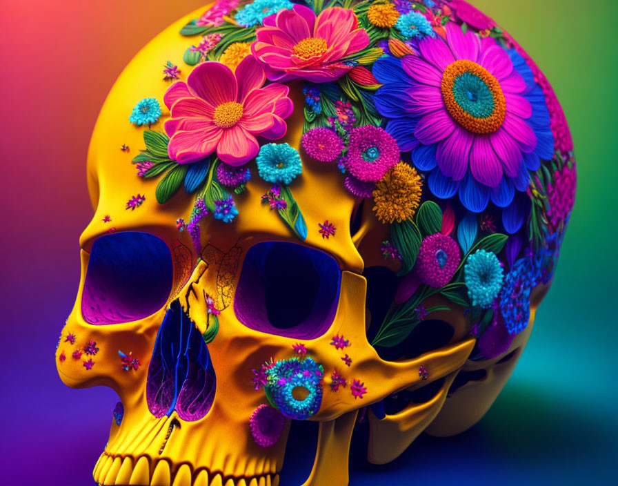 Colorful Flower-Covered Yellow Skull on Vibrant Background