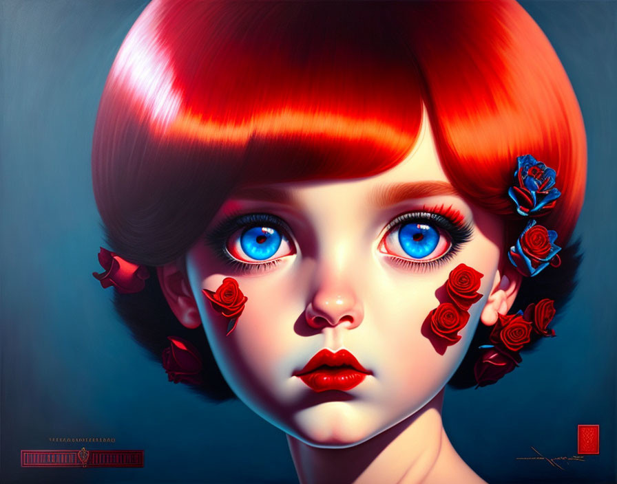 Vibrant young girl with red hair and blue eyes surrounded by roses on blue background