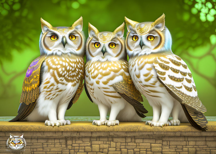 Three stylized ornate owls with expressive eyes on branch against green background