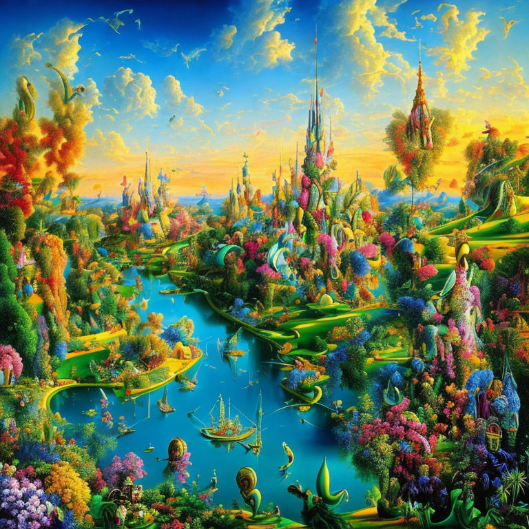 Fantastical landscape with floating islands, castles, and vibrant colors