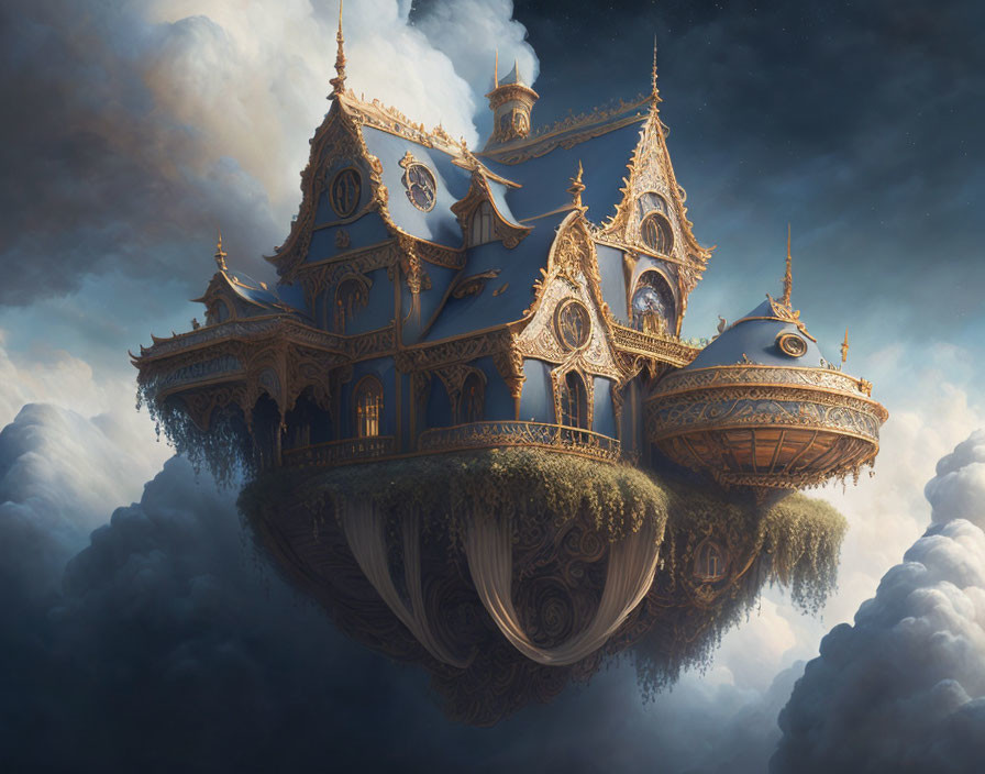 Intricate architecture of a floating palace in dramatic sky