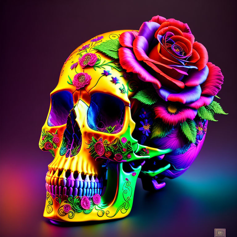 Colorful Skull Decorated with Floral Patterns and Large Rose - Day of the Dead Aesthetic