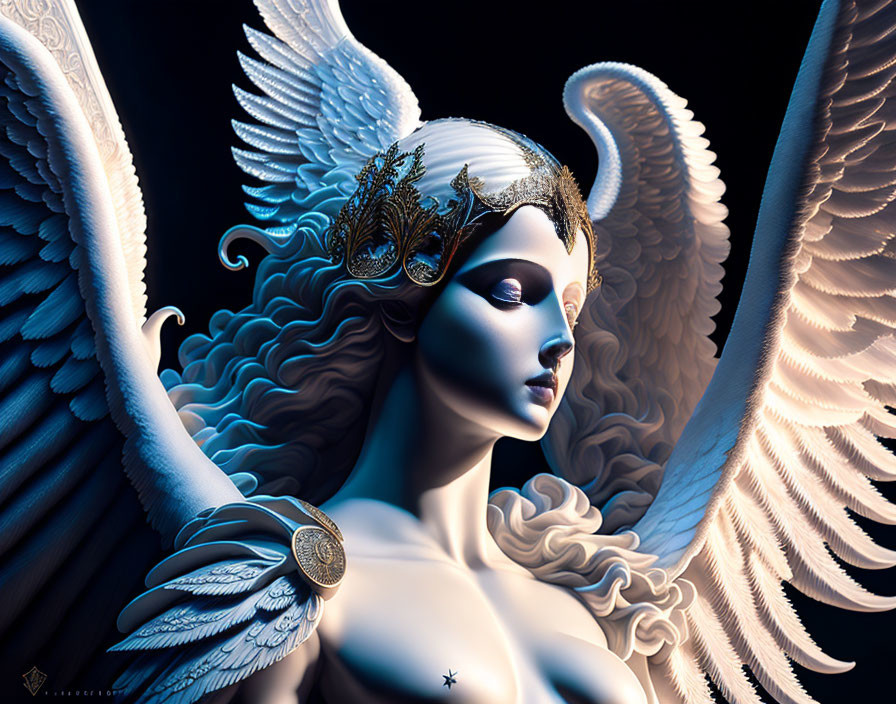 Digital artwork of woman with angelic wings and golden accessories on dark background