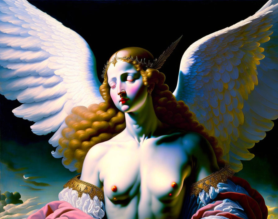 Vibrant painting of angel with white wings and gold headband