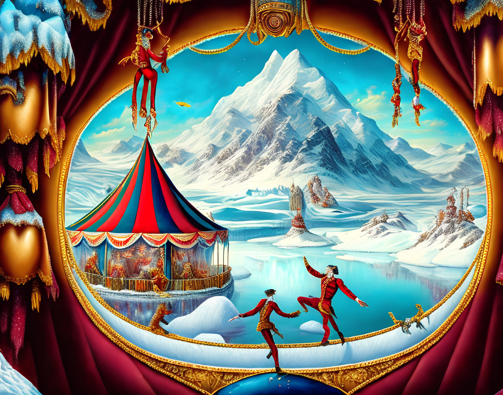 Illustration of circus tent on ice field with skating performers and snowy mountains