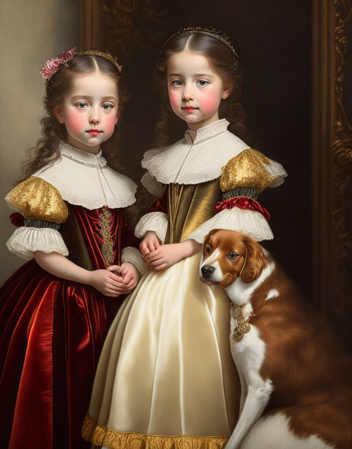 Vintage dresses and dog in classical oil painting style