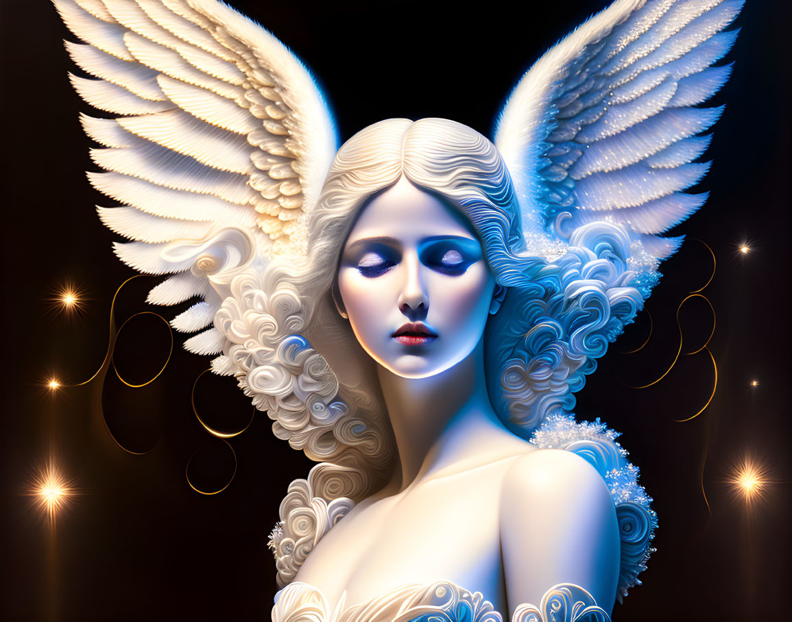 Majestic winged being with white hair on dark background