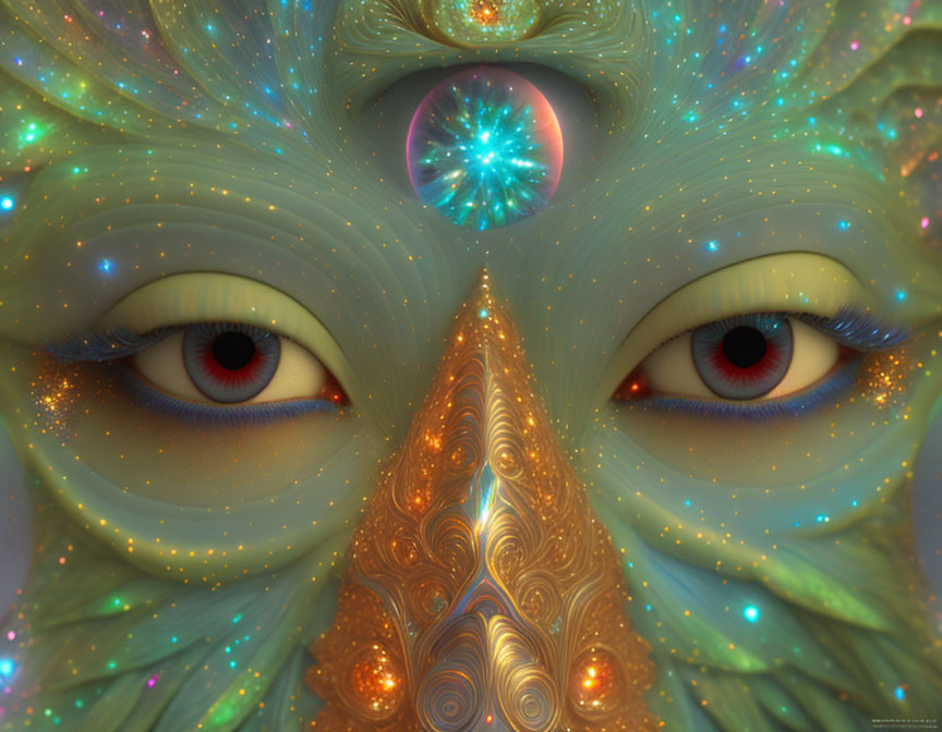 Fractal face with hypnotic eyes and radiant orb in surreal image