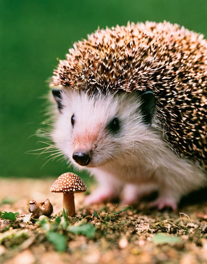 Curious hedgehog with mushroom on earth against green background