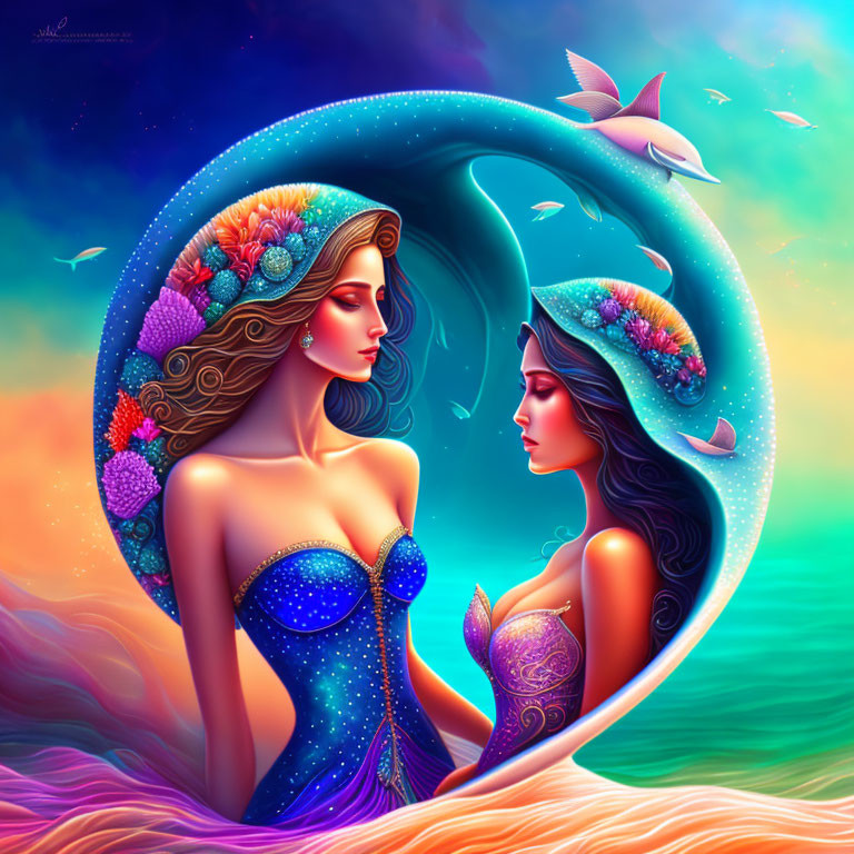 Stylized women in crescent moon frame with flowers and stars