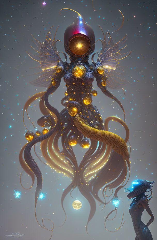 Surreal artwork of ethereal figure with tentacles and orbs in cosmic setting