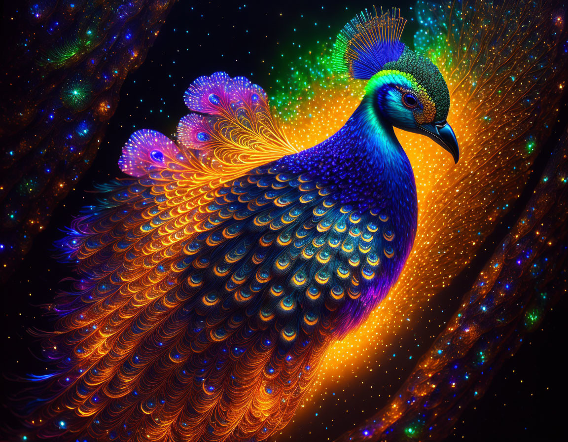 Colorful Peacock Illustration on Dark Cosmic Background