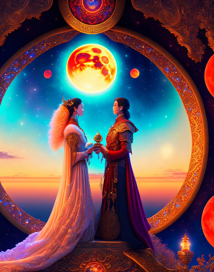 Regal figures in elaborate robes under cosmic sky with multiple moons