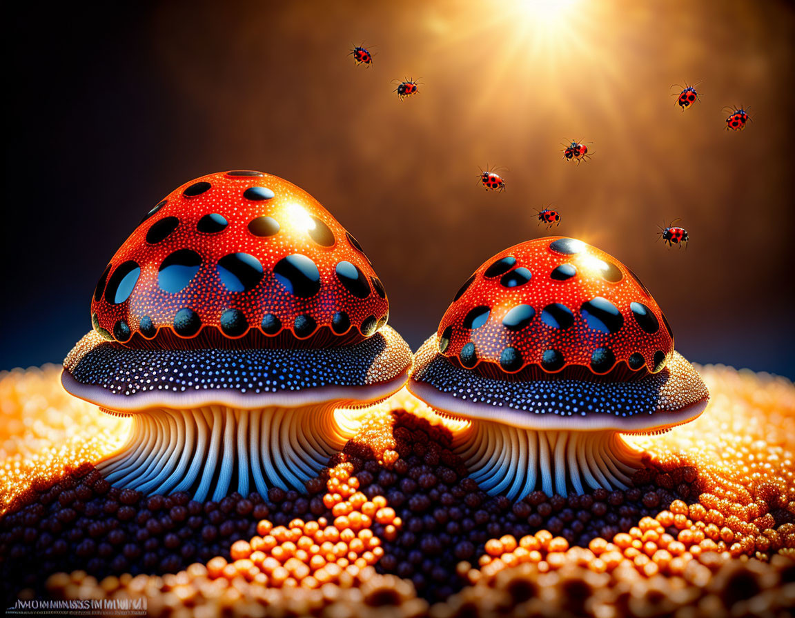 Vibrant red mushrooms with white spots on a bed of small spheres under warm sunlight.