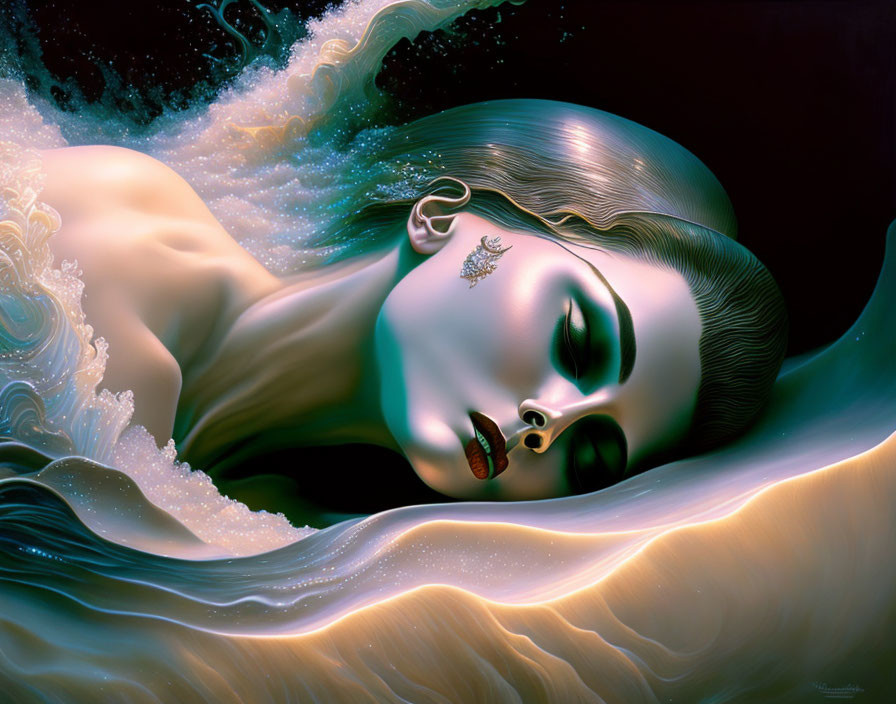 Woman with serene features submerged in water blending with hair and wave foam