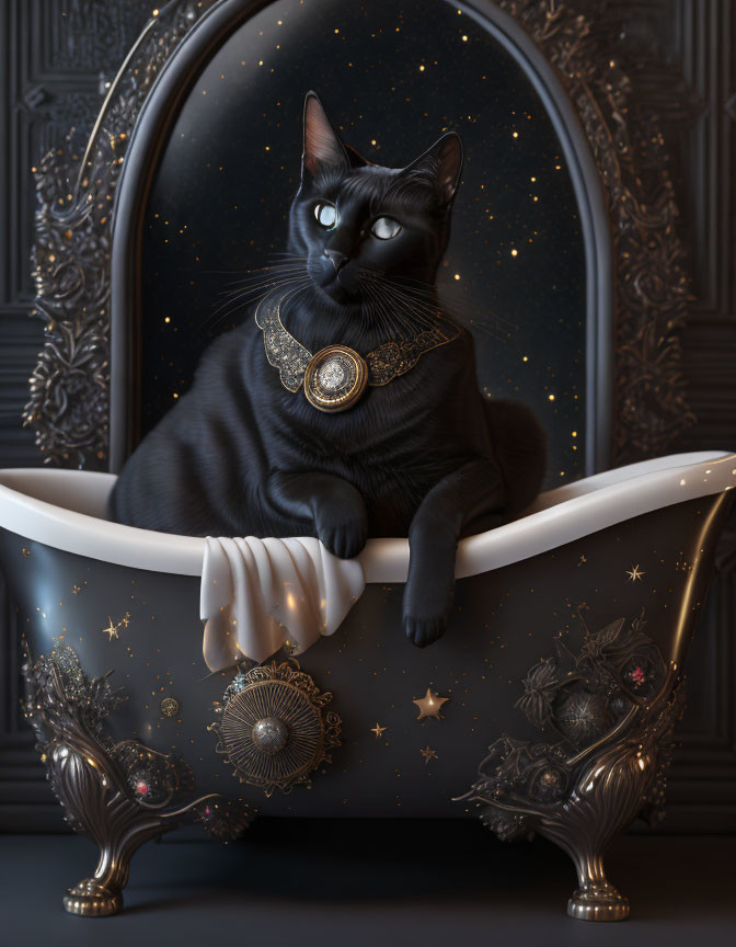 Black Cat with Gold Pendant in Luxurious Bathtub with Starry Designs