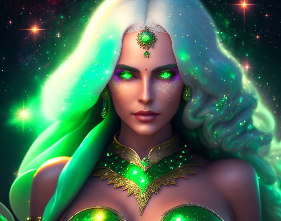 Luminescent woman with green eyes and hair in starry setting