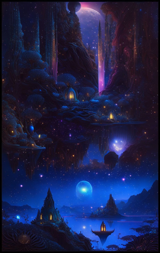 Fantasy nightscape with glowing structures, cliffs, lake, boat, and starry sky.