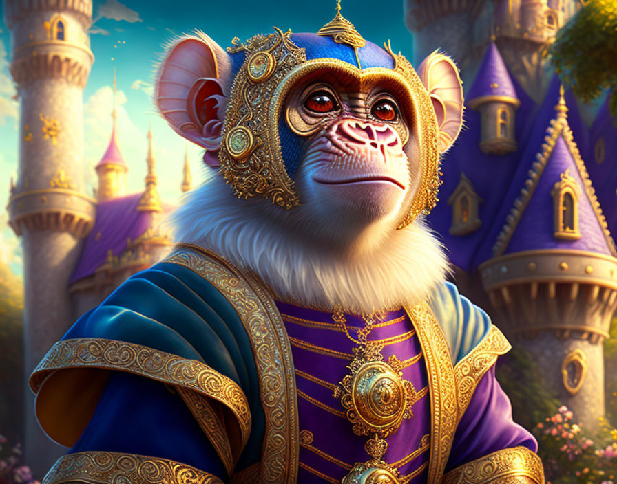 Regal monkey in golden crown and jewelry at fairy-tale castle sunset