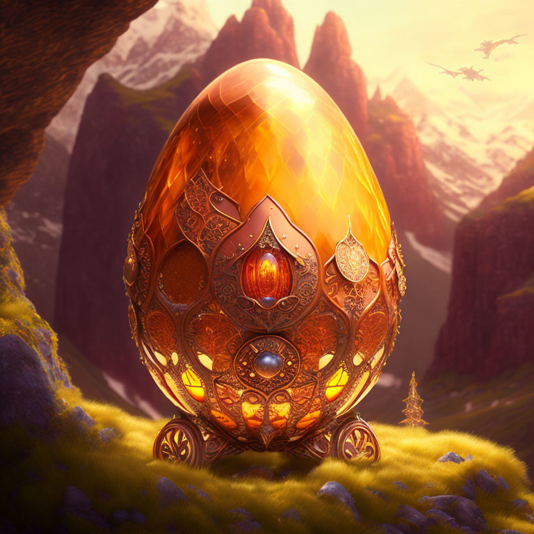 Golden egg-shaped structure with jewel-like embellishments in fantastical landscape