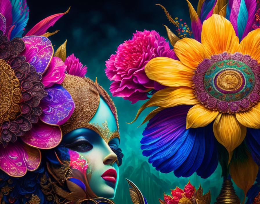 Colorful Floral Headdress and Mask Artwork Against Flower Backdrop