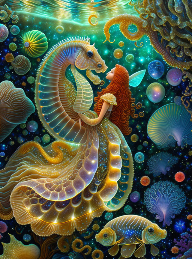 Vibrant underwater illustration of red-haired woman with seahorse