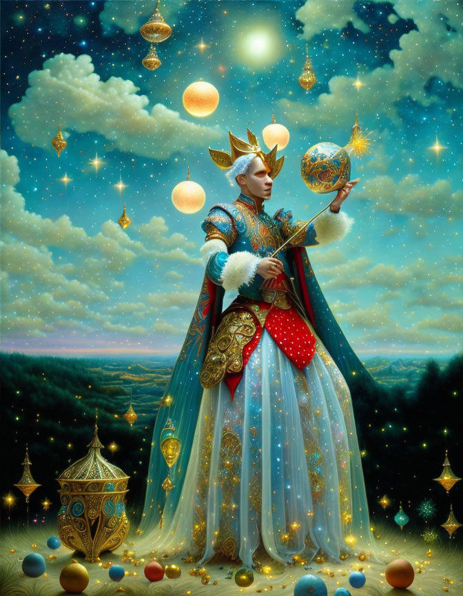 Regal figure in gold and blue robes surrounded by celestial orbs