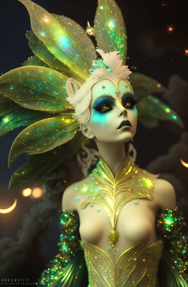 Fantasy art: Female figure with green wings and celestial makeup