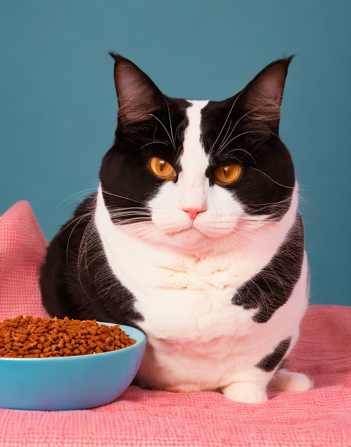 Black and White Cat with Yellow Eyes on Pink Surface with Kibble Bowl