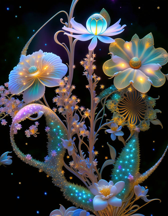 Fantastical Neon Outlined Flowers on Cosmic Starry Background