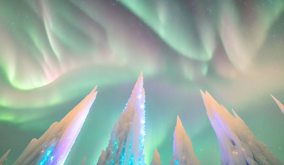 Vibrant green aurora borealis over glowing ice formations