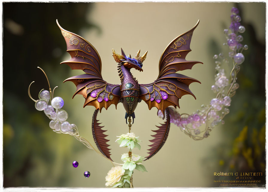 Intricate jewel-toned dragon sculpture on flowering stem in soft-focus background