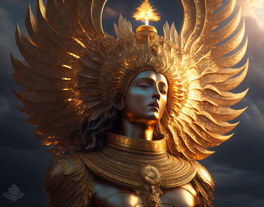 Digital artwork of majestic figure in gold armor against dramatic sky