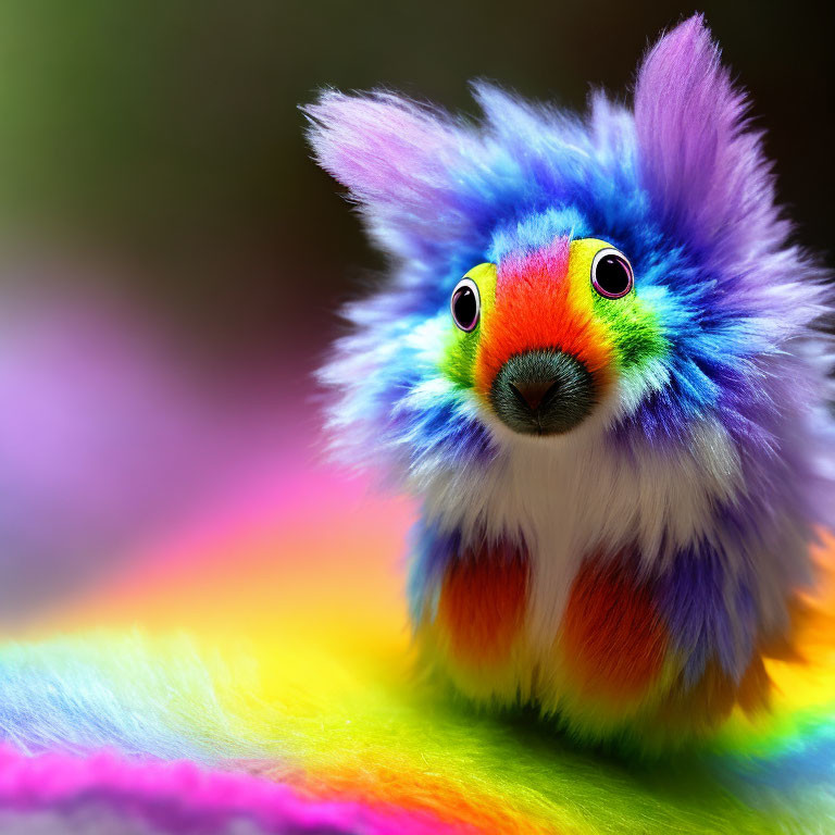 Colorful Fluffy Creature with Expressive Eyes on Rainbow Surface