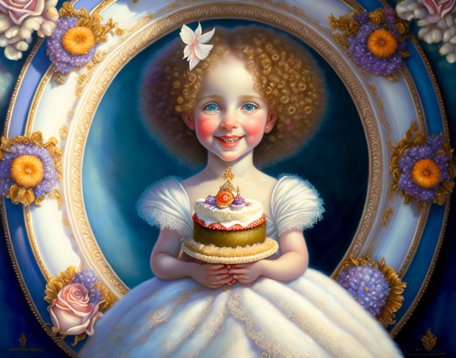 Whimsical painting of young girl with cake and flowers