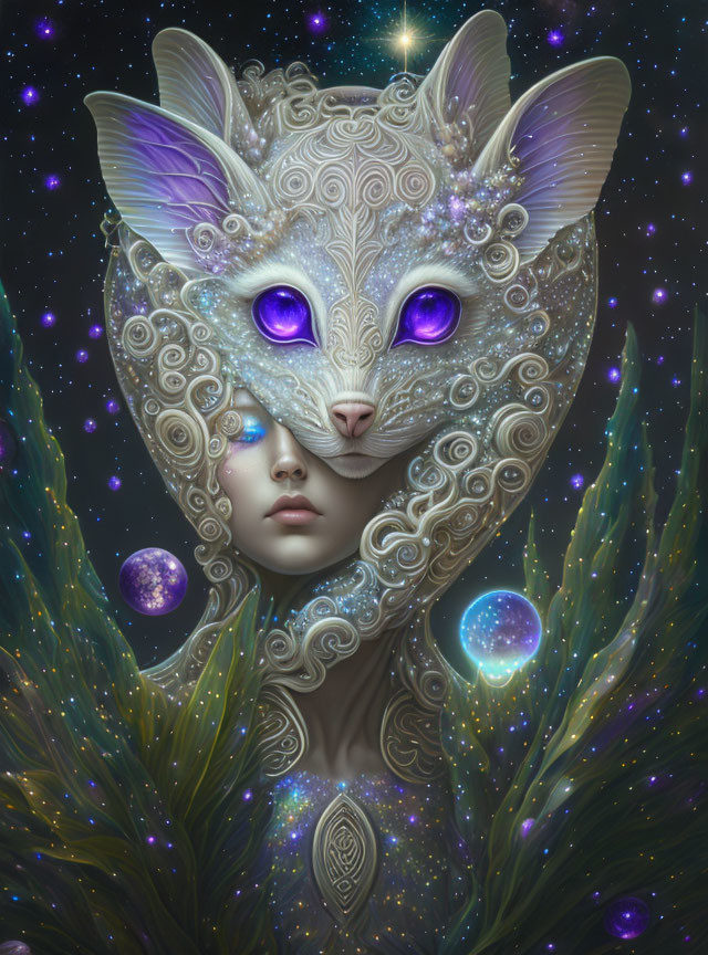 Person in ornate cat mask amid cosmic backdrop with stars and celestial orbs.