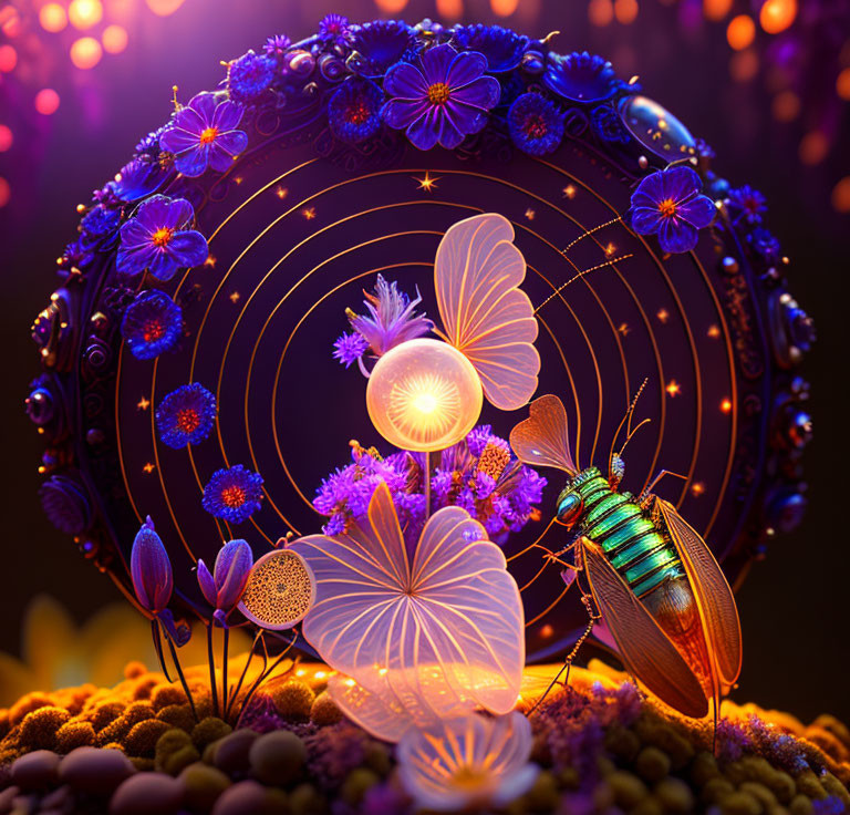 Colorful beetle and mystical flowers in cosmic circle art.