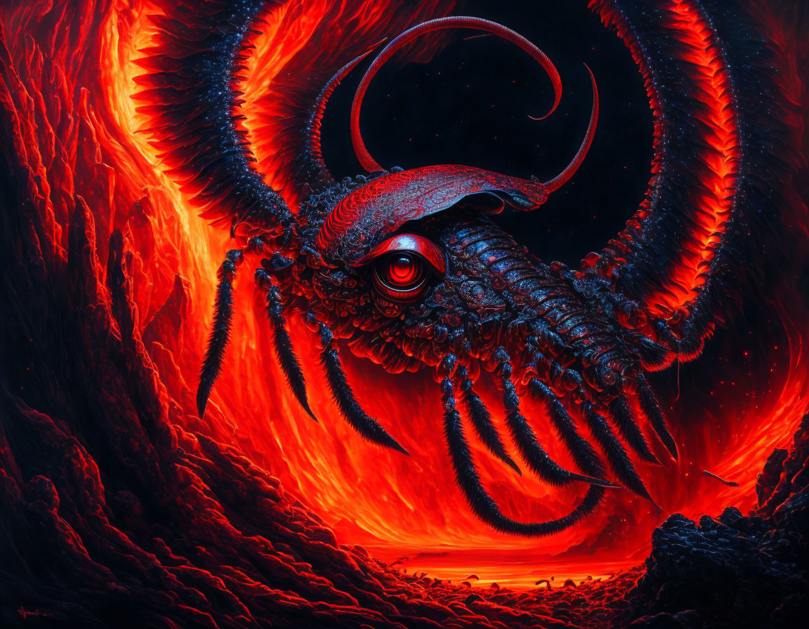 Monstrous tentacled creature in fiery volcanic landscape