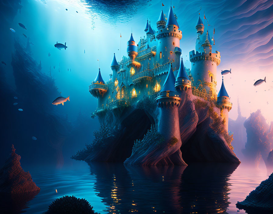 Fantastical underwater castle scene with fish and blue-orange glow