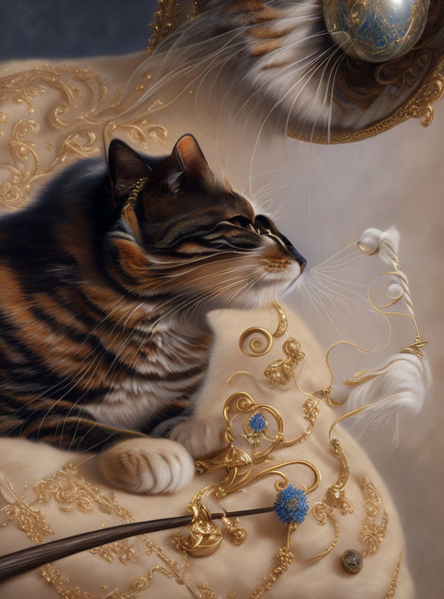 Regal Tabby Cat with Gold Jewelry on Gilded Chair