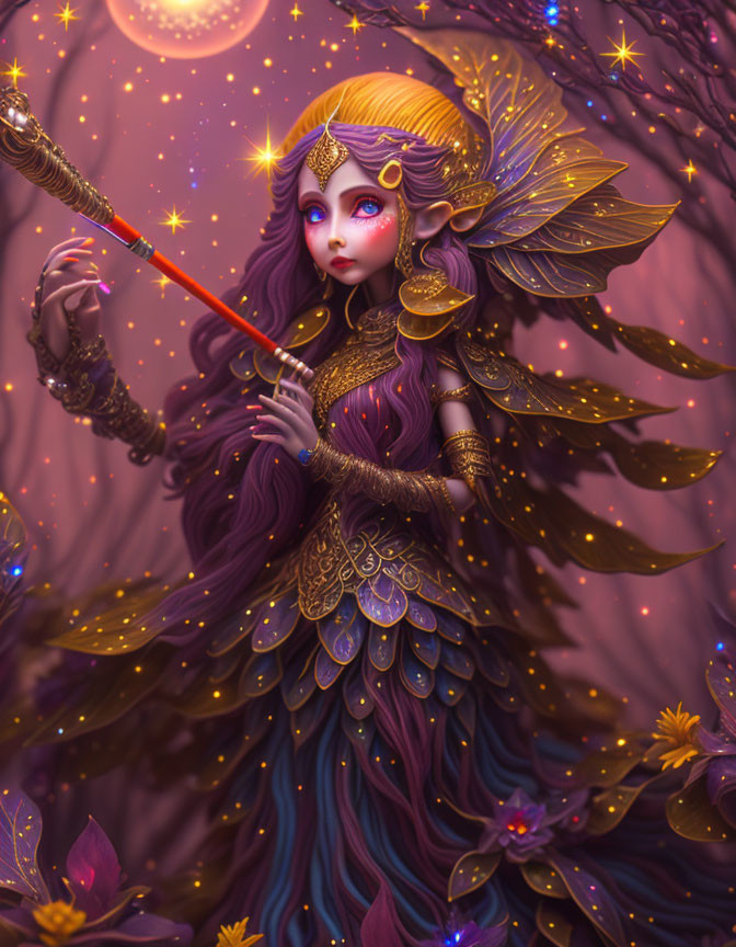 Fantasy character with purple hair and golden armor holding a staff