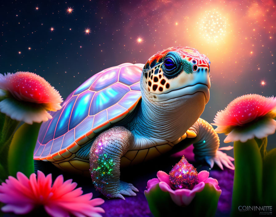 Colorful Glowing Turtle in Night Sky with Flowers