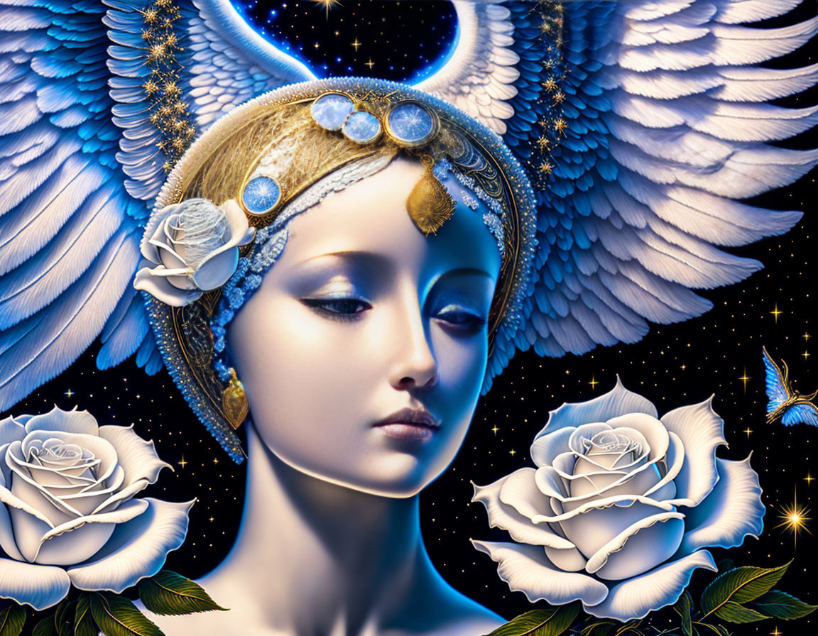 Celestial-themed artwork of female figure with angelic wings and moon & rose headdress