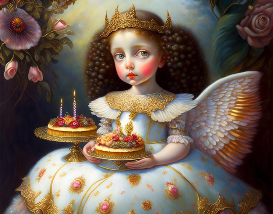 Whimsical painting of angelic child with candles on cakes, gold crown, wings