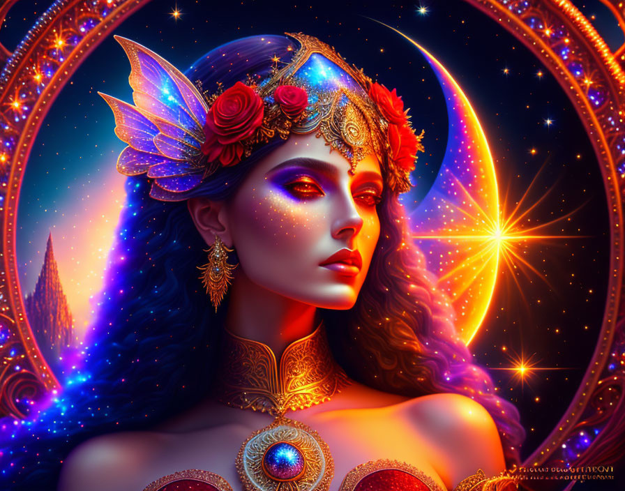 Colorful digital artwork: Woman with gold jewelry and butterfly crown in cosmic setting.