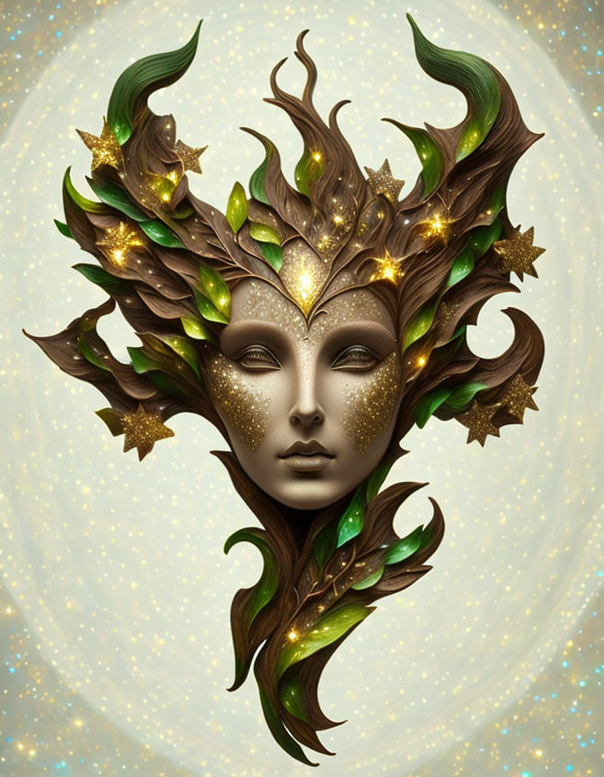 Fantasy illustration of a nature deity with leafy and starry adornments