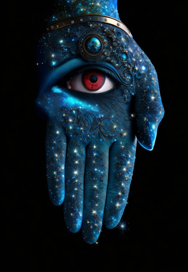 Cosmic-themed body art of eye on hand with galactic design